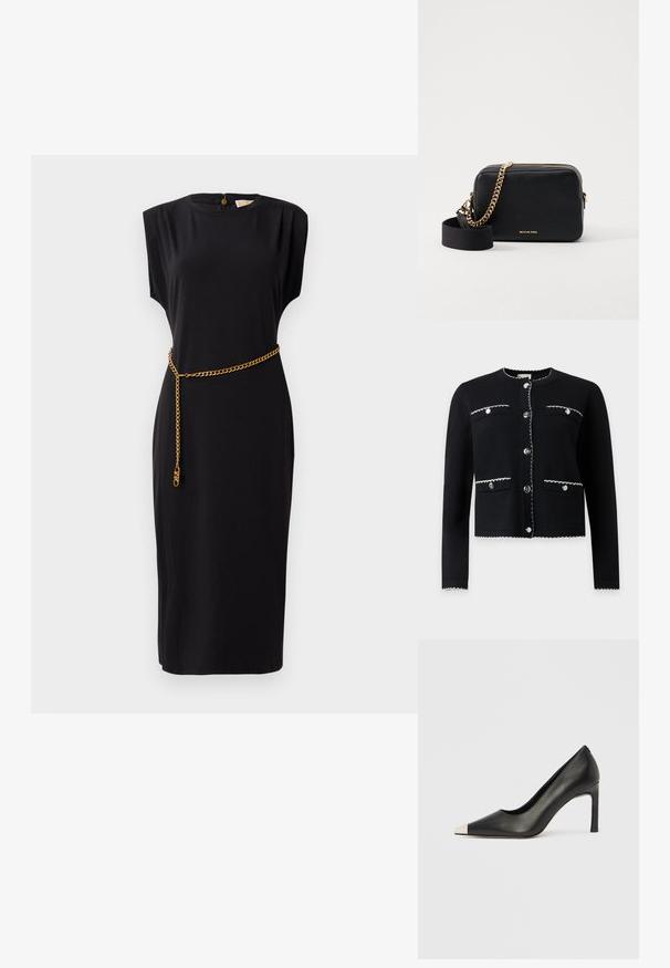 Cardigan noir à manches longues avec bordure blanche cousue, col rond, et quatre poches avant boutonnées, boutonné au centre.; Robe midi noire avec des manches courtes, un col rond, des détails plissés et une ceinture en chaîne dorée, fabriquée en tissu lisse.; Chaussure à talon haut en cuir noir avec bout pointu et capuchon argenté métallique. Présente une finition lisse et un talon fin de 10 cm.; Sac bandoulière en cuir noir avec des accents en chaîne dorée, fermeture zippée et une bandoulière en tissu amovible. Logo Michael Kors sur le devant.