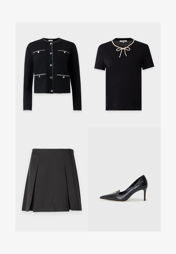 Chaqueta negra de manga larga con ribete cosido en blanco, cuello redondo y cuatro bolsillos delanteros con botones, abotonada por el centro.; Camiseta negra de manga corta con escote redondo que presenta un diseño decorativo de collar de perlas anudado en un lazo en la parte delantera.; Falda negra con pliegues, de textura suave, forma entallada y cintura recta. Diseñada sin cierre para lograr un siluete limpio.; Zapato de piel negra con punta afilada, escote bajo y un detalle decorativo dorado. Cuenta con un tacón de aguja y textura suave.