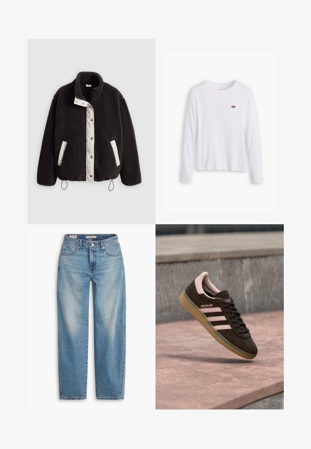 Zwarte pluchen jas met een contrasterend wit voorpaneel, drukknopen, zijzakken en verstelbare trekkoorden aan de zoom.; Witte lange mouwen shirt van zachte katoen. Bevat een klein rood Levi's logo op de linkerborst. Klassiek ronde hals ontwerp.; Lichtblauwe spijkerbroek van denim met een losse pasvorm, rechte pijpen, een knoopsluiting en vijf zakken, voorzien van subtiele vervaging en stikseldetails.; Donkerbruine suède sneaker met roze accenten, met drie roze strepen, een geforceerde zool en een logo aan de zijkant. Klassiek ontwerp met laag profiel.