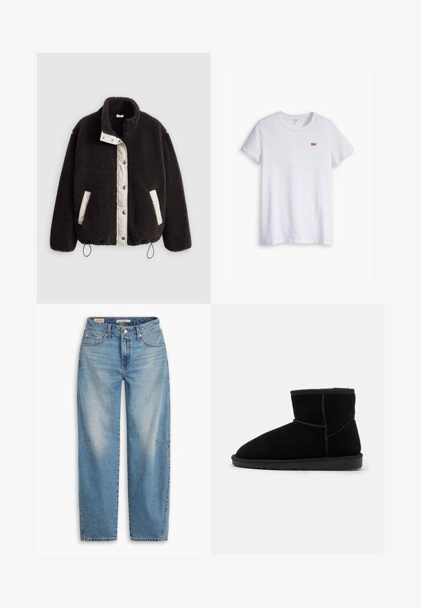 Chaqueta de felpa negra con un panel frontal en blanco contrastante, botones a presión, bolsillos laterales y cordones ajustables en el dobladillo.; Camiseta de algodón blanca de manga corta y escote redondo. Presenta un pequeño logo rojo de Levi's en la zona del pecho izquierdo.; Jeans de mezclilla azul claro con un ajuste holgado, diseño de pierna recta, bragueta de botones y estilo de cinco bolsillos, con sutiles detalles de desteñido y costuras.; Botines de ante negros con punta redondeada, montados sobre una suela plana de goma. Presentan costuras mínimas y un forro interior suave.