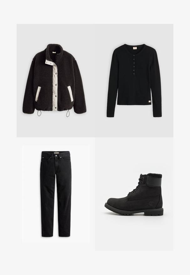 Veste en peluche noire avec un panneau avant contrastant blanc, des boutons-pression, des poches latérales et des cordons ajustables à l'ourlet.; Haut noir à manches longues en tissu côtelé, avec un col rond et cinq boutons sur le devant. Petite étiquette de marque à l'ourlet.; Jeans noirs à jambe droite avec fermeture à bouton et à zip, passants de ceinture et poches avant et arrière, présentés à plat sur un fond blanc.; Bottine en cuir noir avec un bout rond, lacets à l'avant, col en fausse fourrure et semelle en caoutchouc. Présente un logo de marque sur le côté.