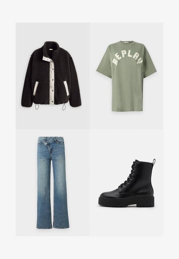 Sort plysjakke med kontrastfuld hvid frontpanel, trykknapper, sidelommer og justerbare snore i kanten.; Grøn bomulds t-shirt med en afslappet pasform, der har en rund halsudskæring og ordet "REPLAY" i store, off-white blokbogstaver over brystet.; Lyseblå denim jeans med vide ben og høj talje, let falmet effekt og knaplukning foran. Har fem lommer og minimal syning.; Sort læder ankelstøvle med en tykk, tekstureret sål, rund tå og metaløjer til snørebånd. Har en løkke bagpå.