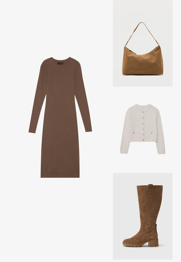 Gebreid vest in crèmekleur met lange mouwen, ronde halslijn, zes knopen aan de voorkant en twee kleine knoopzakjes bij de taille.; Anna Field by Zalando Jerseyjurk - brown; Tamaris Laarzen - brown; Bruine suède schoudertas met een enkele band en een ritssluiting aan de bovenkant, gepresenteerd tegen een effen witte achtergrond.
