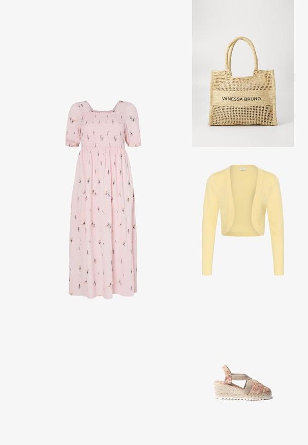 Lys gul kort cardigan med lange ærmer og buet åben front, vist på en ensfarvet hvid baggrund.; Lyserød bomulds maxi-kjole med korte puffærmer, smocked liv, blomsterbroderimønster og en flydende nederdel.; Kilehæle sandaler med en blomsterbroderet overdel i crème- og lyserøde nuancer, der har en jute-platform og elastiske tværsnore.; Beige vævet tote bag med to håndtag og "VANESSA BRUNO" trykt i sort på et solidt vævet panel i midten.