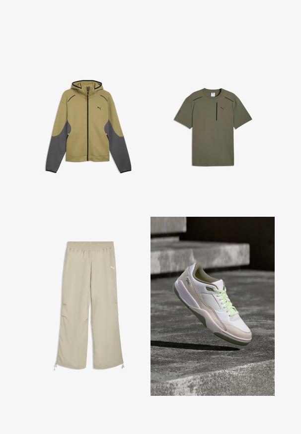 Veste à capuche beige et grise avec fermeture éclair, manches longues et logo Puma sur le côté gauche de la poitrine, présentée sur fond blanc.; T-shirt de sport Puma vert olive à manches courtes avec poche poitrine zippée, logo Puma sur la poitrine et texte "PUMATECH" sur la manche gauche.; Pantalon de survêtement Puma avec taille élastique beige clair, poches latérales et cordons réglables aux poignets de la cheville.; Baskets blanches et beiges avec des lacets vert clair en plein air au-dessus de marches en béton, montrant la semelle et les détails latéraux.