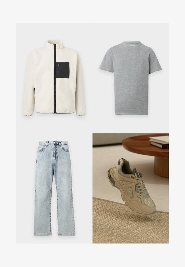 Fleecejacke in Creme mit einer schwarzen Reißverschlusstasche auf der Brust, hohem Kragen und schwarzen Reißverschlussdetails entlang der Vorderseite und Taschen.; Einfarbiges graues T-Shirt mit kurzen Ärmeln und Rundhalsausschnitt mit einem kleinen weißen "ONLY & SONS"-Etikett innen am Kragen.; Hellblaue Denim-Hosen mit lockerem Schnitt, verblasster Textur, fünf Taschen und einem Knopfverschluss am Bund. Flache Nähte und weite Beine.; Beige und graue Sport-Sneaker mit Mesh- und Wildlederelementen, die über einem gewebten Teppich schwebt, neben einem Holztisch mit Büchern.