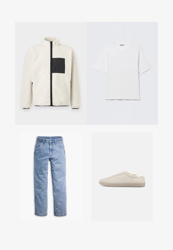 Fleecejakke i kremfarve med en sort lynlåslomme på brystet, høj krave og sorte lynlåsdetaljer langs fronten og lommerne.; Hvid, kortærmet t-shirt med rund hals og et lille "WEEKDAY"-mærke på indersiden af bagkraven, vist på en flad overflade.; Lyseblå straight-leg denimjeans med forreste knap- og lynlås, bæltestropper og skrå forlommer.; Beige ruskindssneaker med en tekstureret overdel, glat hvid hælkappe, tynde snørebånd og en gummi-ydersål. Har et lavt profil design.