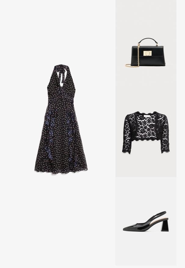 Veste courte en dentelle noire avec un ourlet en pointes, des manches longues et des motifs floraux élaborés. Texture légère et transparente.; Robe noire à col halter avec des pois roses et des côtés froncés, taille cintrée et jupe fluide, présentée à plat sur fond blanc.; Escarpins à talon slingback en vernis noir avec un bout pointu, présentant un talon en bloc géométrique unique et une texture lisse. Bride réglable pour un bon maintien.; Sac à main en cuir noir à la forme structurée, doté d'une poignée supérieure et d'une bandoulière chaîne ton or. Ornements dorés décoratifs avec détail de logo.