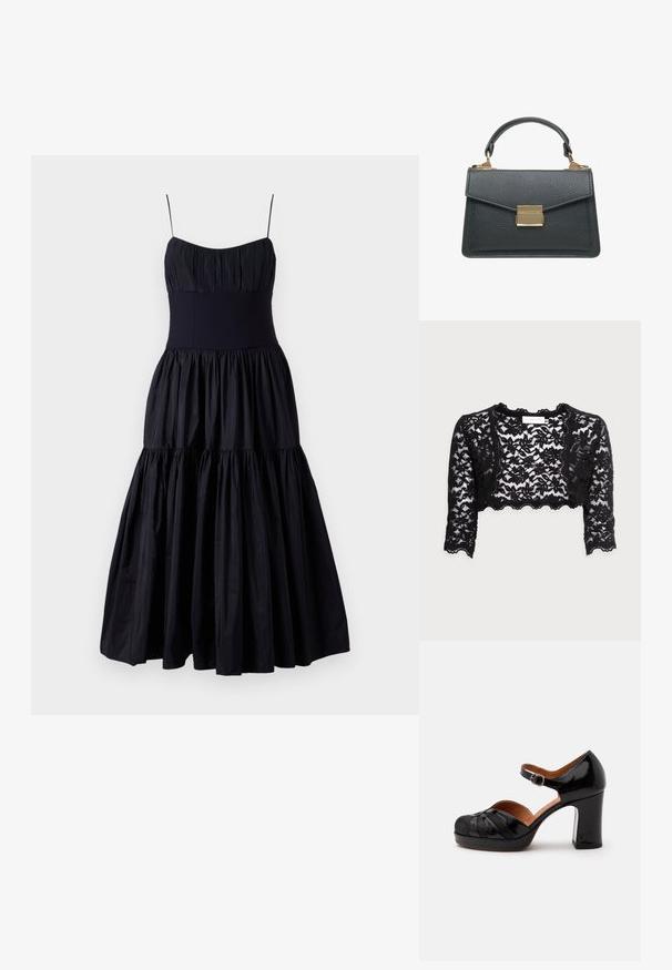 Zwarte kanten cropjack met een gegolfde zoom, lange mouwen en ingewikkelde bloemenpatronen. Lichtgewicht, doorzichtige textuur.; Cinq à Sept GINNY DRESS - Cocktailjurk - navy; Zwarte gepatenteerde leren Mary Jane schoen met afgeronde neus, gestructureerd detail, enkelriem met gesp en stevige middenhoge hak op witte achtergrond.; Zwarte gestructureerde leren handtas met korte handgreep en rechthoekige gouden gesp op de voorflap.