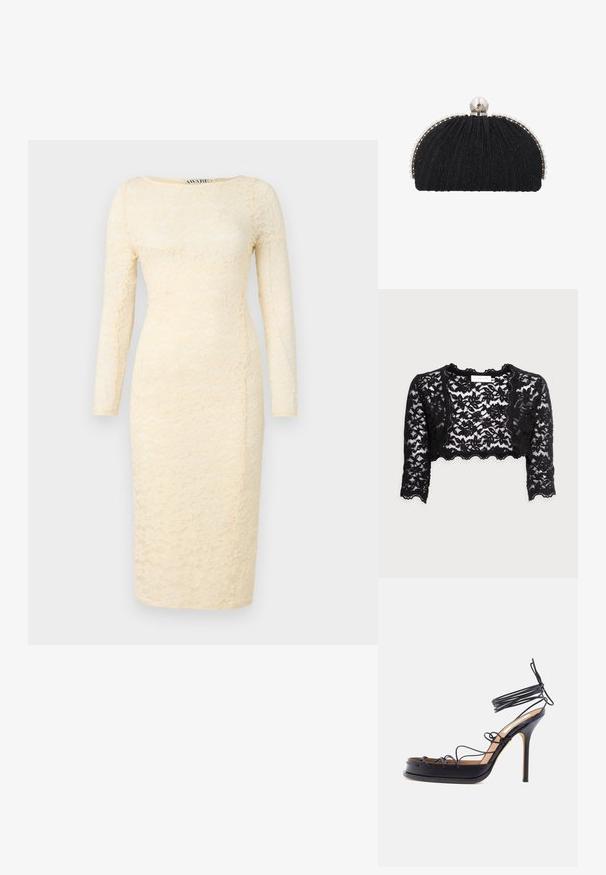 Sort lace crop jakke med en scalloped kant, lange ærmer og intrikate blomstermønstre. Letvægtig, gennemsigtig tekstur.; Creme farvet blondekjole med lange ærmer, rund halsudskæring og tætsiddende silhuet. Har blomstermønster og knælangt fald.; Sort højt hælede sandal med tynde læderremme, der vikles omkring foden og anklen, med en spids stilethælhæl.; Sort aftenclutch med tekstureret stof, indrammet af en række små perler og en stor perle-lukning på toppen.