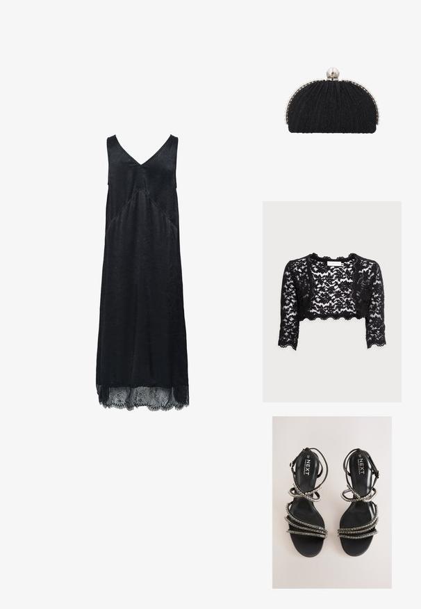 Sort lace crop jakke med en scalloped kant, lange ærmer og intrikate blomstermønstre. Letvægtig, gennemsigtig tekstur.; Sort ærmeløs kjole med V-hals, tekstureret stof og blondedetalje i kanten. Har en diagonal syningsdetalje.; Sorte remsandaler med metalliske accenter. Har en glat, tekstureret sål og flere pyntede remme, der skaber et lagdelt udseende.; Sort aftenclutch med tekstureret stof, indrammet af en række små perler og en stor perle-lukning på toppen.