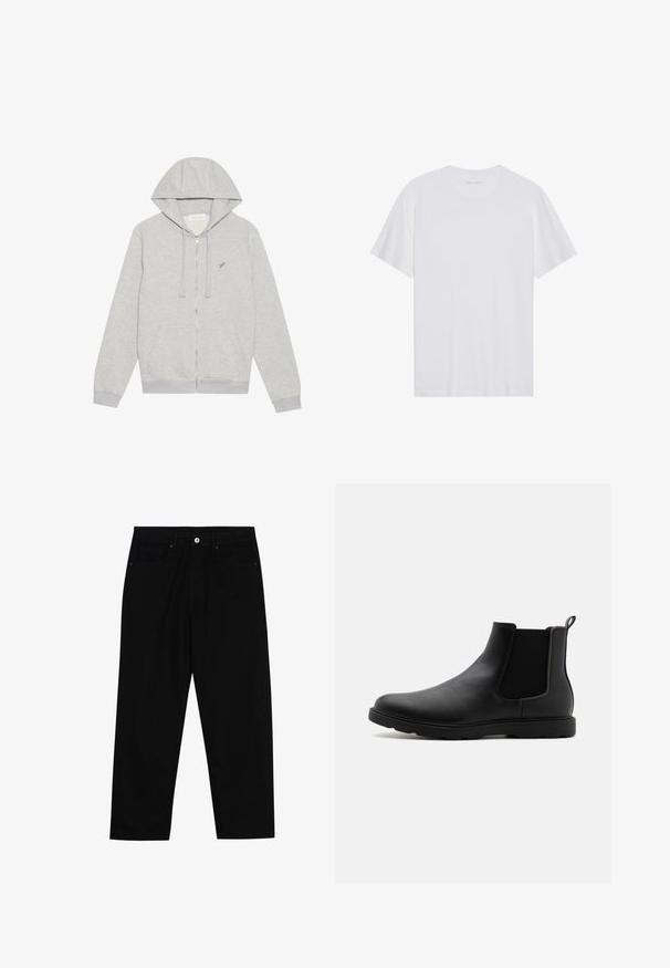 Grå zip-up hoodie lavet af blødt bomuldsblanding. Har en hætte, frontlommer og et lille broderet logo på brystet.; Hvid bomulds T-shirt med korte ærmer, rund hals og en glat tekstur. Har minimal branding på halsudskæringen.; Sorte denim bukser med lige ben, der har to forlommer, en knaplukning foran og subtile syningsdetaljer.; Sorte læder Chelsea støvle med elastiske sidepaneler, en trækflap og en holdbar gummisål. Glat tekstur og strømlinet design.