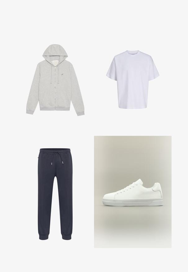 Grå zip-up hoodie lavet af blødt bomuldsblanding. Har en hætte, frontlommer og et lille broderet logo på brystet.; Simpel hvid oversized t-shirt med korte ærmer, rund hals og løs pasform mod en hvid baggrund.; Mørkeblå sweatpants med elastisk taljebånd, justerbar snøre, sidelommer og tætsiddende manchetter. Fremstillet af blødt, let materiale.; Hvid lavtop sneaker med snørelukning foran, polstret krave og tekstureret gummisål, vist i sidelayout på neutral baggrund.