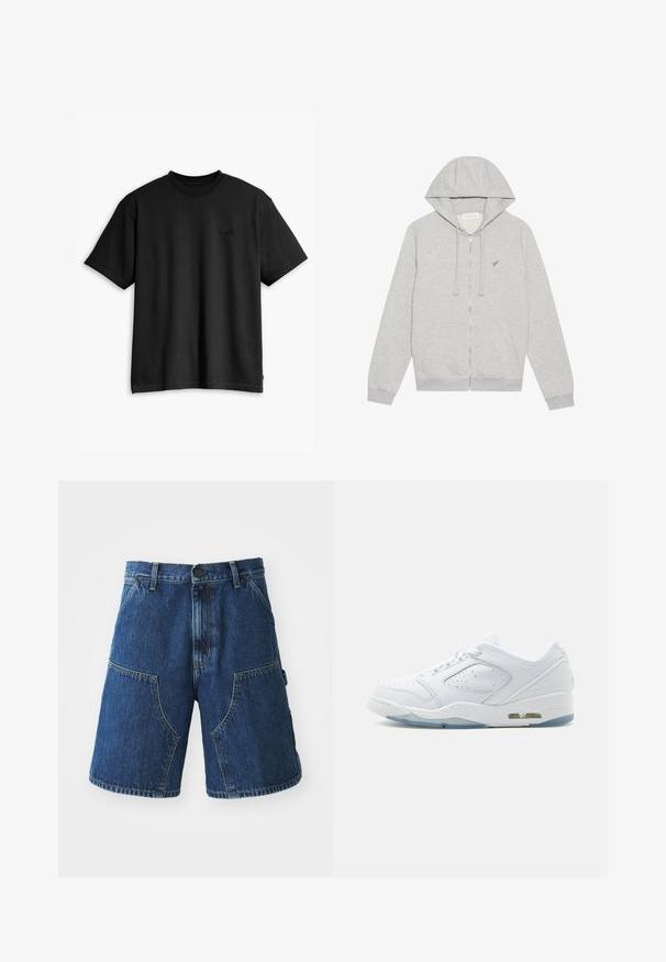 Haut à zip gris en mélange de coton doux. Dispose d'une capuche, de poches avant et d'un petit logo brodé sur la poitrine.; T-shirt en coton noir avec col rond et manches courtes. Doté d'un logo discret à l'avant et d'un ourlet droit. Design simple et minimaliste.; Shorts en denim avec un lavage bleu foncé, dotés de grandes poches frontales, d'une fermeture à bouton et de coutures visibles le long des coutures.; Basket blanche basse de sport avec panneau latéral perforé, fermeture à lacets, semelle rembourrée et unité d'air visible au talon.
