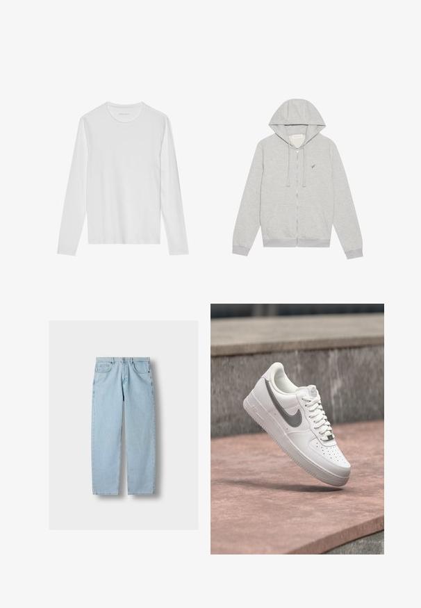 Grå zip-up hoodie lavet af blødt bomuldsblanding. Har en hætte, frontlommer og et lille broderet logo på brystet.; Langærmet hvid T-shirt lavet af blød bomuld, med rund halsudskæring og en glat tekstur uden synlige mønstre eller accenter.; Lyseblå lige denimjeans med forlommer, bæltestropper og knaplukning på en grå baggrund.; Hvid Nike Air Force 1 sneaker med gråt swoosh-logo svævende over en stensurface og en grå stenvæg i baggrunden.