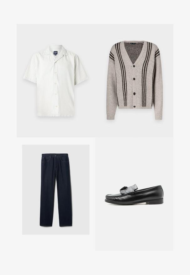 Cardigan gris clair avec un col en V, des rayures verticales noires et une fermeture à boutons. Texture tricotée et poignets côtelés.; Chemise à manches courtes à boutons, en rayures verticales bleu clair et blanches, en tissu coton, avec un col pointu et des boutons sur le devant.; Jeans en denim bleu foncé à jambe droite avec un design à cinq poches, fermeture à bouton et couture visible sur un fond clair.; Mocassin en cuir noir avec un détail pompon, talon bas et bout arrondi, présenté de profil sur un fond uni clair.