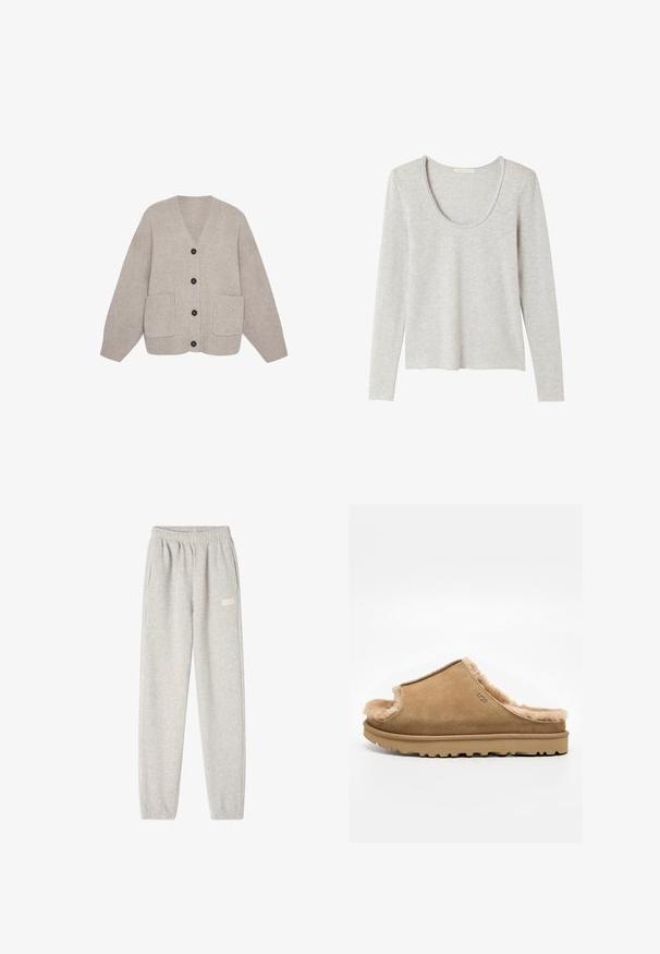 Beige gebreid vest met een V-hals, vier zwarte knopen en twee opgestikte zakken; geribbelde textuur en lange mouwen.; Lichtgrijs longsleeve shirt gemaakt van zachte stof. Heeft een ronde hals en een losse pasvorm. Rechte zoom, zonder zichtbare patronen of accessoires.; Grijze sweatpants van een zachte katoenmix, met een elastische tailleband, zijzakken en een klein logo op de linker bovenbeen.; Beige suède instappantoffel met zachte fleece voering en rubberen zool, met een UGG-logo aan de zijkant, op een effen witte achtergrond.