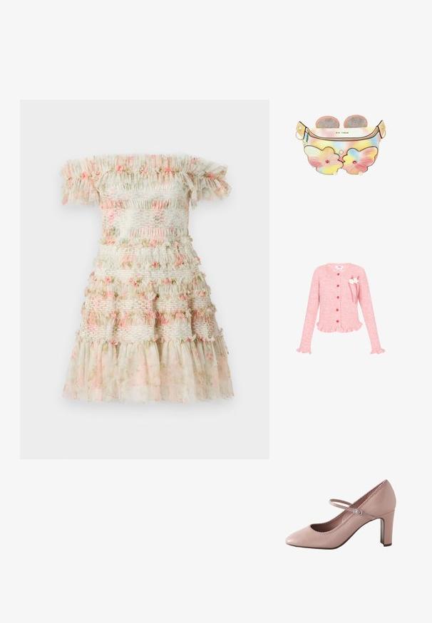 Cardigan rose à côtes avec des boutons en forme de cœur rouges, un ourlet et des poignets froncés, et des fleurs blanches décoratives avec des rubans rouges sur la poitrine.; Robe décolletée en crème claire avec des volants superposés et des détails floraux roses. Elle dispose de bandes élastiques froncées pour un look texturé.; Chaussure à talons hauts en cuir rose avec un bout arrondi, une bride à la cheville et un bord festonné. Elle est dotée d'un talon bloc fin pour un bon maintien.; Petite sac banane tie-dye pastel avec des poches en forme de papillon rose, des accents de perles et de pierres précieuses, et deux oreilles circulaires roses scintillantes sur le dessus.