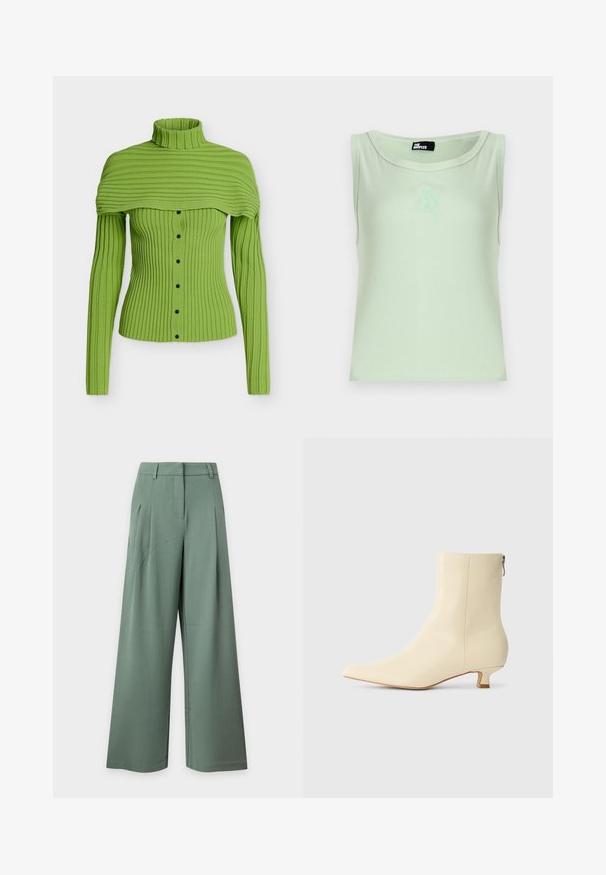 Haut vert en tricot côtelé à manches longues avec col roulé haut et devant boutonné, avec un détail de cape large aux épaules attachée.; Débardeur vert clair sans manches avec encolure ronde et petit blason brodé centré sous l'encolure.; Pantalon taille haute à jambes larges en vert doux avec passants de ceinture, poches latérales et plis devant sur un fond clair.; Bottine beige en cuir lisse, bout pointu, petit talon carré et fermeture éclair latérale pour un enfilage facile.