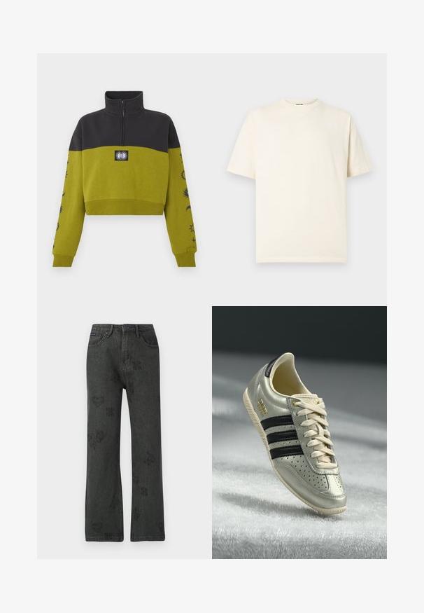 Afkortet olivengrøn og sort sweatshirt med kvart lynlås, sol- og månepatch på brystet samt himmelske motiver på ærmerne.; Kremhvidt bomulds-T-shirt med korte ærmer, rund hals og lille logo foran. Simpelt design, blød tekstur og afslappet pasform.; Sorte brede jeans med falmede blomster-, hjerte- og sommerfuglemønstre, frontknaplukning og fem lomme-design.; Lys grå lædersneaker med sorte striber, perforerede detaljer, beige snørebånd og et guld logo-patch. Tekstureret gummisål.