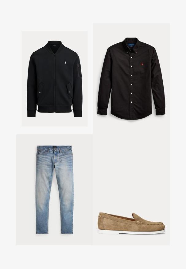 Zwarte bomberjas met ritssluiting, geribde kraag, manchetten en zoom, twee voorzakken met drukknoop, een zak met rits op de mouw en klein wit Polo Ralph Lauren-logo.; Zwart overhemd met lange mouwen en kraag, witte knopen en een rood geborduurd logo op de linkerborst.; Lichtblauwe denim jeans met een vervaagde afwerking, vijfzakkenontwerp en contrasterende stiksels. Heeft een ritssluiting en riemlussen. Rechte snit.; Lichtbruine suède mocassinstijl loafer met witte zool en zichtbare stiksels langs de neus en zijkanten, zijaanzicht.