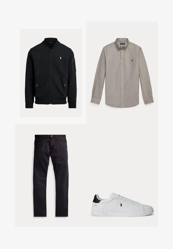 Čierna bomber bunda na zips s rebrovaným golierom, manžetami a lemom, dvomi prednými vreckami na cvoky, vreckom na zips na rukáve a malým bielym logom Polo Ralph Lauren.; Svetlosivá košeľa s dlhým rukávom na gombíky s golierom a modrým vyšívaným logom Polo Ralph Lauren na ľavej strane hrude.; Čierne nohavice s rovnými nohavicami, piatimi vreckami, zapínaním na gombíky a opaskovými pútkami, zobrazené na jednoduchom svetlom pozadí.; Biela nízka teniska s čiernou pätovou pätkou, šnúrkami a logom Polo Ralph Lauren na boku, so zvýraznenými detailmi na podrážke.