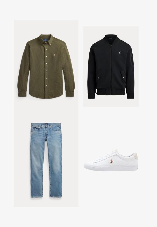 Čierna bomber bunda na zips s rebrovaným golierom, manžetami a lemom, dvomi prednými vreckami na cvoky, vreckom na zips na rukáve a malým bielym logom Polo Ralph Lauren.; Košeľa olivovo zelenej farby s dlhým rukávom, golierom a malým vyšitým logom na ľavej strane hrudníka.; Svetlomodré rovné rifľové nohavice s prednými vreckami a zapínaním na gombík, položené na bielom pozadí.; Biele plátenné tenisky s nízkym strihom, ktoré majú béžový opasok na päte a malé vyšívané logo na boku. Gumová podrážka.