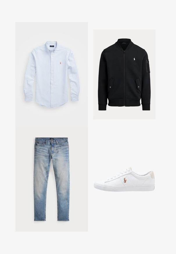 Zwarte bomberjas met ritssluiting, geribde kraag, manchetten en zoom, twee voorzakken met drukknoop, een zak met rits op de mouw en klein wit Polo Ralph Lauren-logo.; Lichtblauw en wit gestreept overhemd met knopen, een kraag, lange mouwen en een klein geborduurd logo op de borst. Katoenen materiaal.; Lichtblauwe denim jeans met een vervaagde afwerking, vijfzakkenontwerp en contrasterende stiksels. Heeft een ritssluiting en riemlussen. Rechte snit.; Witte canvas sneakers met een laag ontwerp, featuring een beige hieltab en een klein geborduurd logo aan de zijkant. Rubber zool.