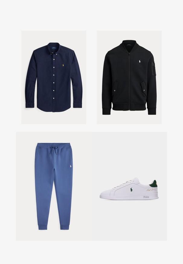Schwarze Zip-up-Bomberjacke mit geripptem Kragen, Bündchen und Saum, zwei vorderen Druckknopftaschen, Reißverschlusstasche am Ärmel und kleinem weißen Polo Ralph Lauren Logo.; Marineblaues langärmliges Hemd mit Knopfleiste, Button-Down-Kragen und kleinem gelben Polo Ralph Lauren Logo auf der linken Brust.; Blaue Jogginghose mit Bund mit Kordelzug, seitlichen Taschen, gekrempelten Knöcheln und kleinem weißen gestickten Logo am rechten Oberschenkel.; Weißer Sneaker mit niedrigem Schaft, grünem Fersenlasche, gesticktem Polo-Pferdelogo an der Seite, "Polo"-Schriftzug auf der Sohle und goldener "Ralph Lauren"-Signatur am Schaft.