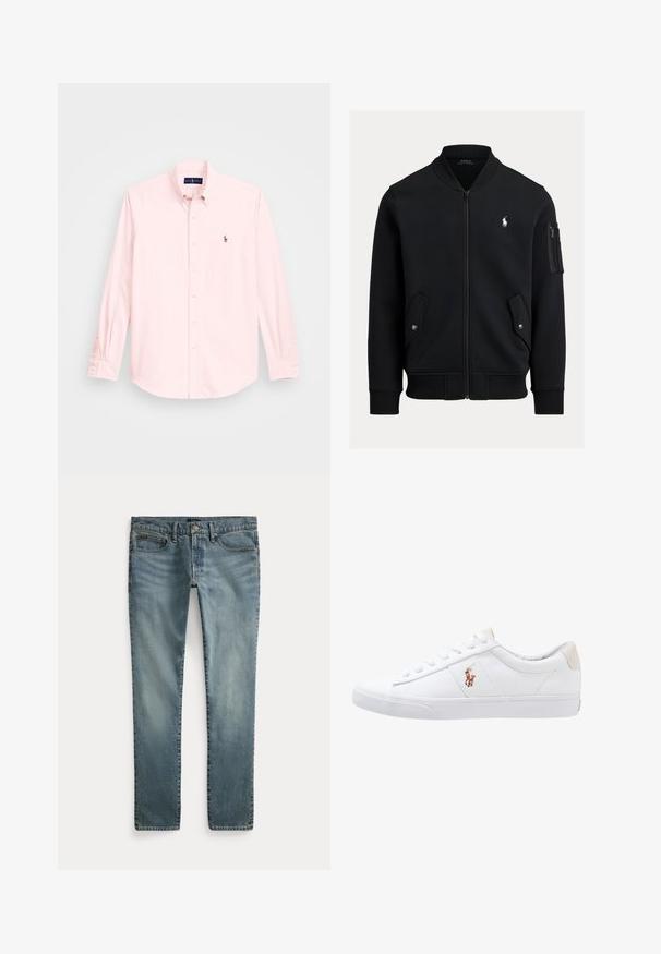 Čierna bomber bunda na zips s rebrovaným golierom, manžetami a lemom, dvomi prednými vreckami na cvoky, vreckom na zips na rukáve a malým bielym logom Polo Ralph Lauren.; Svetloružová košeľa s dlhým rukávom a golierom na gombíky, má malé vyšívané logo na ľavej hrudi, vyrobená z hladkej bavlnenej tkaniny.; Modré džínsové nohavice s rovnými nohavicami, prednými vreckami, pútkami na opasok a zapínaním na gombíky.; Biele plátenné tenisky s nízkym strihom, ktoré majú béžový opasok na päte a malé vyšívané logo na boku. Gumová podrážka.
