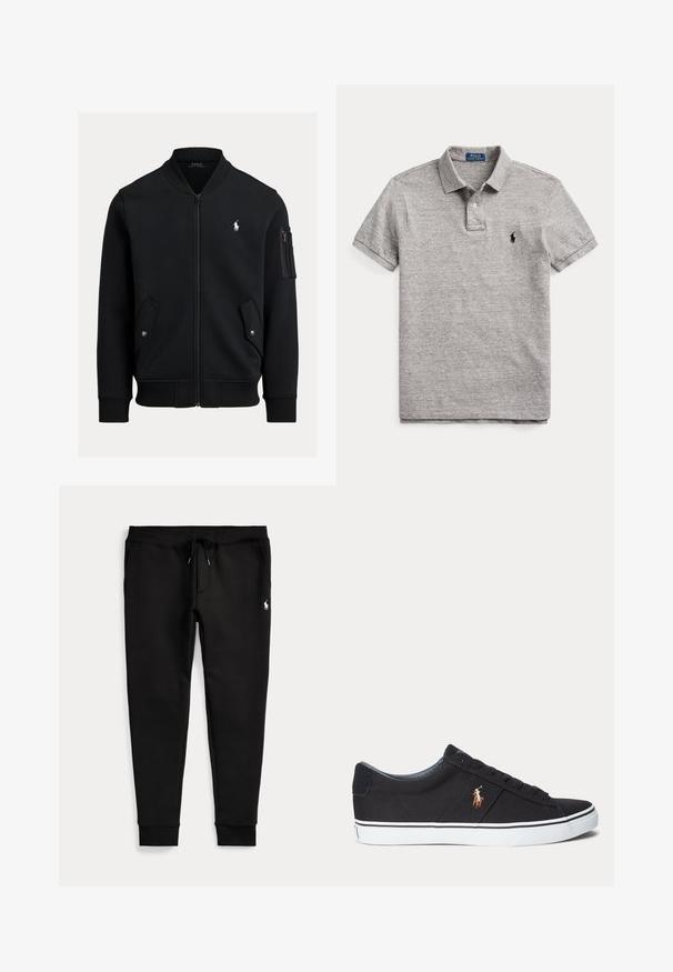 Schwarze Zip-up-Bomberjacke mit geripptem Kragen, Bündchen und Saum, zwei vorderen Druckknopftaschen, Reißverschlusstasche am Ärmel und kleinem weißen Polo Ralph Lauren Logo.; Graues kurzärmeliges Poloshirt mit Kragen, Zwei-Knopf-Blende und kleinem schwarzem gesticktem Logo auf der linken Brust.; Schwarze Jogginghose mit umgeschlagenen Bündchen, Tunnelzug in der Taille, Seitentaschen und kleinem weißen Polo-Spieler-Logo am rechten Oberschenkel.; Schwarzer Sneaker mit niedrigem Schaft, weißer Sohle und gesticktem Polospieler-Logo an der Seite, mit Schnürverschluss und strukturiertem Stoff-Obermaterial.