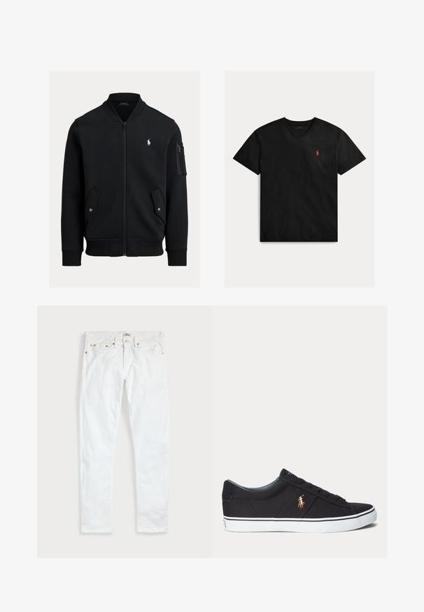 Čierna bomber bunda na zips s rebrovaným golierom, manžetami a lemom, dvomi prednými vreckami na cvoky, vreckom na zips na rukáve a malým bielym logom Polo Ralph Lauren.; Čierne bavlnené tričko s výstrihom do V, krátkymi rukávmi a malým červeným logom na ľavej strane hrudníka. Hladká textúra a ležérny dizajn.; Biele slim fit džínsy s piatimi vreckami, zapínaním na gombíky a opaskovými pútkami, položené na rovnej svetlej jednofarebnej podložke.; Čierna nízka teniska s bielou podrážkou a vyšitým logom hráča póla na boku, s šnurovaním a textúrovaným vrchným materiálom.