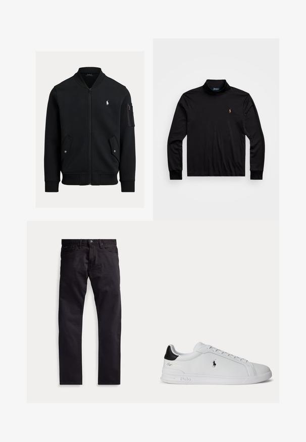 Čierna bomber bunda na zips s rebrovaným golierom, manžetami a lemom, dvomi prednými vreckami na cvoky, vreckom na zips na rukáve a malým bielym logom Polo Ralph Lauren.; Čierna dlhá polo košeľa s vysokým golierom, vyrobená z hladkej tkaniny, so malým vyšitým logom na ľavej hrudi.; Čierne nohavice s rovnými nohavicami, piatimi vreckami, zapínaním na gombíky a opaskovými pútkami, zobrazené na jednoduchom svetlom pozadí.; Biela nízka teniska s čiernou pätovou pätkou, šnúrkami a logom Polo Ralph Lauren na boku, so zvýraznenými detailmi na podrážke.