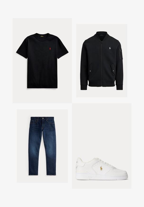 Schwarze Zip-up-Bomberjacke mit geripptem Kragen, Bündchen und Saum, zwei vorderen Druckknopftaschen, Reißverschlusstasche am Ärmel und kleinem weißen Polo Ralph Lauren Logo.; Schwarzes Baumwoll-T-Shirt mit kurzen Ärmeln, Rundhalsausschnitt und kleinem roten gestickten Logo auf der linken Brust. Glatte Textur, lässiges Design.; Dunkelblaue Denim-Jeans mit geradem Bein, ausgestattet mit einem klassischen Five-Pocket-Design und kontrastierenden Nähten. Sichtbarer vorderer Knopfverschluss.; Weißer Leder-Sneaker mit niedrigem Schnitt, weißen Schnürsenkeln und einem goldfarbenen Polo Ralph Lauren-Logo an der Seite sowie "Polo" auf der Sohle geprägt.