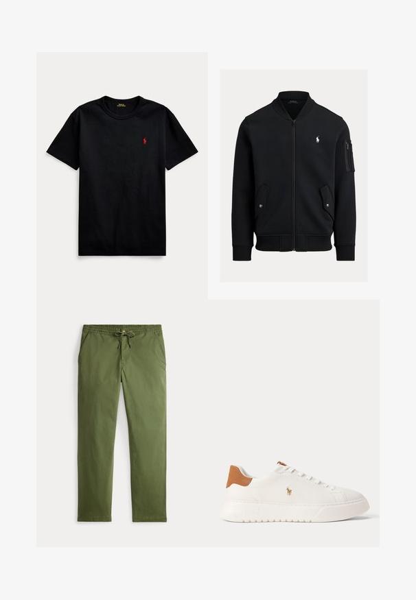 Zwarte bomberjas met ritssluiting, geribde kraag, manchetten en zoom, twee voorzakken met drukknoop, een zak met rits op de mouw en klein wit Polo Ralph Lauren-logo.; Zwarte katoenen t-shirt met korte mouwen, ronde hals en klein rood geborduurd logo op de linkerborst. Gladde textuur, casual design.; Olijfgroene casual herenbroek met elastische tailleband, trekkoord, knoopsluiting en zijzakken, plat weergegeven op een witte achtergrond.; Witte lage sneaker met beige hieltab, witte veters en klein geborduurd polo spelerlogo aan de zijkant boven een dikke zool.