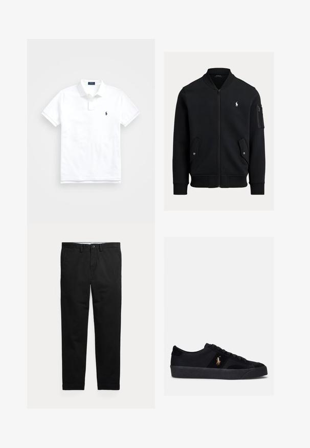 Schwarze Zip-up-Bomberjacke mit geripptem Kragen, Bündchen und Saum, zwei vorderen Druckknopftaschen, Reißverschlusstasche am Ärmel und kleinem weißen Polo Ralph Lauren Logo.; Weißes Poloshirt mit kurzen Ärmeln, Kragen, zwei Knöpfen und kleinem dunkelblau besticktem Logo auf der linken Brust.; Schwarze Hose mit geradem Bein, Gürtelschlaufen, Frontknopf und Seitentaschen, flach auf hellem Hintergrund dargestellt.; Schwarze Sneakers mit einem Obermaterial aus Stoff und Wildleder, runder Zehenpartie, flacher Gummisohle und gesticktem Logo an der Seite. Schnürdesign mit sechs Ösen.