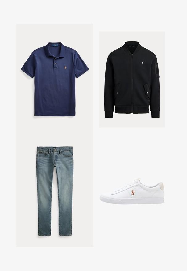 Čierna bomber bunda na zips s rebrovaným golierom, manžetami a lemom, dvomi prednými vreckami na cvoky, vreckom na zips na rukáve a malým bielym logom Polo Ralph Lauren.; Tmavomodré polo tričko s krátkymi rukávmi, dvoma gombíkmi a malým vyšitým logom na ľavej strane hrudníka.; Modré džínsové nohavice s rovnými nohavicami, prednými vreckami, pútkami na opasok a zapínaním na gombíky.; Biele plátenné tenisky s nízkym strihom, ktoré majú béžový opasok na päte a malé vyšívané logo na boku. Gumová podrážka.