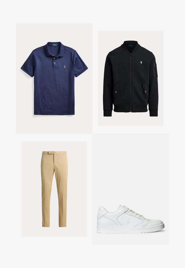 Zwarte bomberjas met ritssluiting, geribde kraag, manchetten en zoom, twee voorzakken met drukknoop, een zak met rits op de mouw en klein wit Polo Ralph Lauren-logo.; Marineblauw poloshirt met korte mouwen, twee knopen en een klein geborduurd logo op de linkerborst.; Beige slim-fit broek met voorplooi, riemlussen en verborgen voorsluiting op een effen lichte achtergrond.; Witte leren sneaker met een gladde textuur, voorzien van een geperforeerde neus, vetersluiting en geborduurde logo aan de zijkant. Witte rubberen zool.