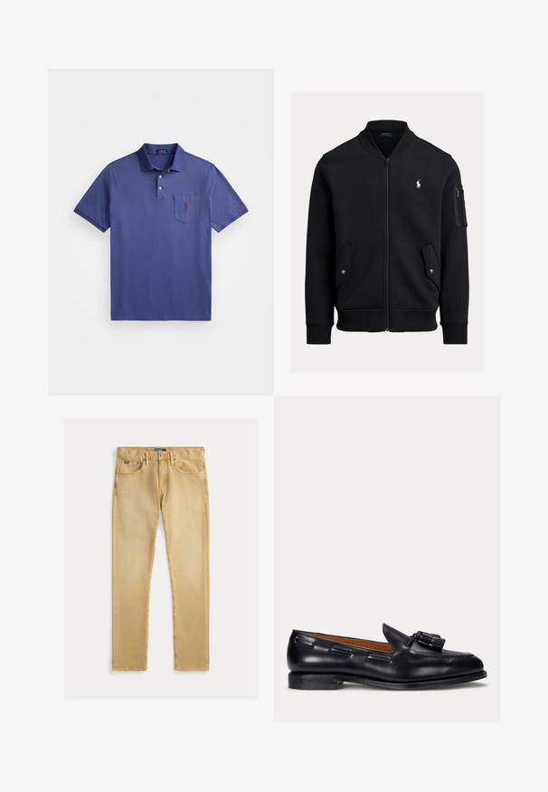 Musta vetoketjullinen bomber-takki, jossa ribbineulos pääntiessä, hihansuissa ja helmassa, kaksi etutaskua painonapeilla, vetoketjullinen hihatasku ja pieni valkoinen Polo Ralph Lauren -logo.; Lila polo paita, joka on valmistettu puuvillasta, kolmesta napista koostuvalla kauluksella, lyhyillä hihoilla ja rintataskulla, jossa on punainen logon brodeeraus.; Vaaleanbeiget puuvillafarkut, joissa on slim fit -leikkaus, viisi taskua ja näkyvä ompelu. Vyötäröllä on metallinen nappi ja merkki.; Musta nahkainen loafer-tossu tupsukoristeella ja matalalla korolla, sivulta katsottuna yksivärisellä taustalla.