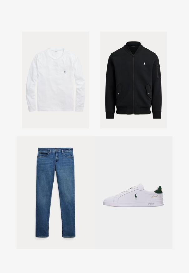 Zwarte bomberjas met ritssluiting, geribde kraag, manchetten en zoom, twee voorzakken met drukknoop, een zak met rits op de mouw en klein wit Polo Ralph Lauren-logo.; Wit shirt met lange mouwen en ronde hals, met klein donkerblauw Polo Ralph Lauren-logo geborduurd op de linkerborst.; Blauwe denim jeans met een slim fit, voorzien van voorkantzakken, riemlussen en een knoopsluiting op een witte achtergrond.; Witte lage sneaker met groene hieltab, geborduurd Polo-paardenlogo aan de zijkant, "Polo"-tekst op de zool en gouden "Ralph Lauren" handtekening op het bovendeel.