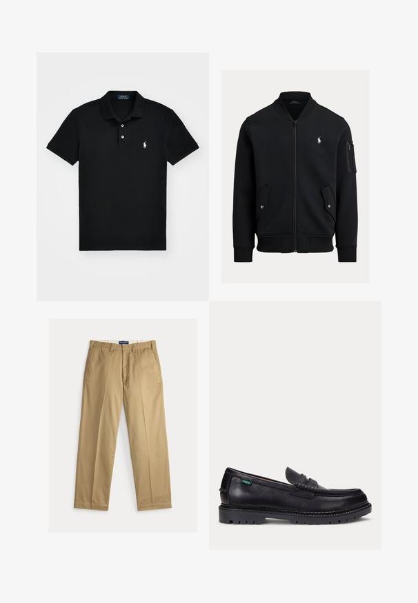 Zwarte bomberjas met ritssluiting, geribde kraag, manchetten en zoom, twee voorzakken met drukknoop, een zak met rits op de mouw en klein wit Polo Ralph Lauren-logo.; Zwarte poloshirt van katoen, met een klassieke kraag, een drie-knopen sluiting, korte mouwen, en een wit logo op de linkerborst.; Beige chinos gemaakt van katoenen stof. Recht gesneden met een platte voorkant, twee zijzakken en een tailleband met knoopsluiting.; Zwarte leren loafer met dikke geprofileerde zool en klein groen "Polo" label aan de buitenkant bij de hiel.