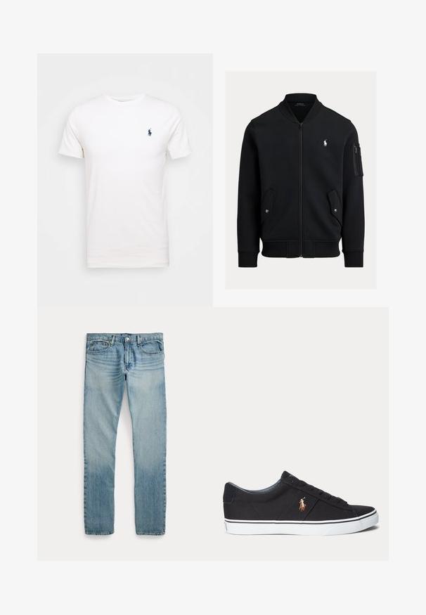 Sort zip-up bomberjakke med ribbet krave, manchetter og kant, to forlommer med knapper, lynlåslomme på ærmet og lille hvid Polo Ralph Lauren-logo.; Hvid bomulds t-shirt med rund hals. Har et lille mørkeblå logo på venstre bryst. Korte ærmer, glat tekstur.; Lyseblå straight-leg denimbukser med fem lommer, knaplukning og subtile falmede detaljer omkring lår og knæ.; Sort lav sneakersko med hvid sål og broderet polo spiller logo på siden, med snørebånd og tekstureret stofoverdel.