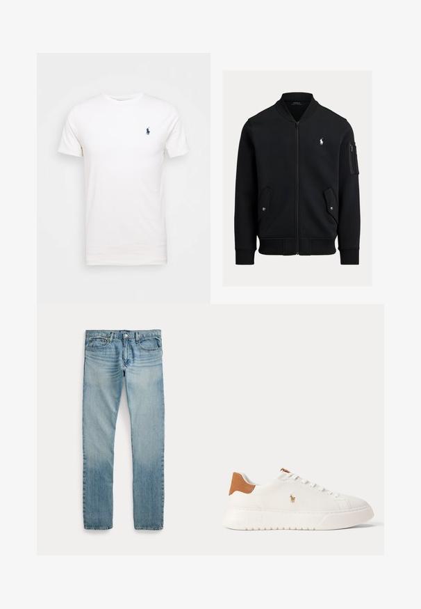 Zwarte bomberjas met ritssluiting, geribde kraag, manchetten en zoom, twee voorzakken met drukknoop, een zak met rits op de mouw en klein wit Polo Ralph Lauren-logo.; Witte katoenen t-shirt met een ronde hals. Heeft een klein donkerblauw logo op de linkerborst. Korte mouwen, soepele textuur.; Lichtblauwe rechte spijkerbroek met vijf zakken, knoopsluiting en subtiele vervaagde details rond de dijen en knieën.; Witte lage sneaker met beige hieltab, witte veters en klein geborduurd polo spelerlogo aan de zijkant boven een dikke zool.