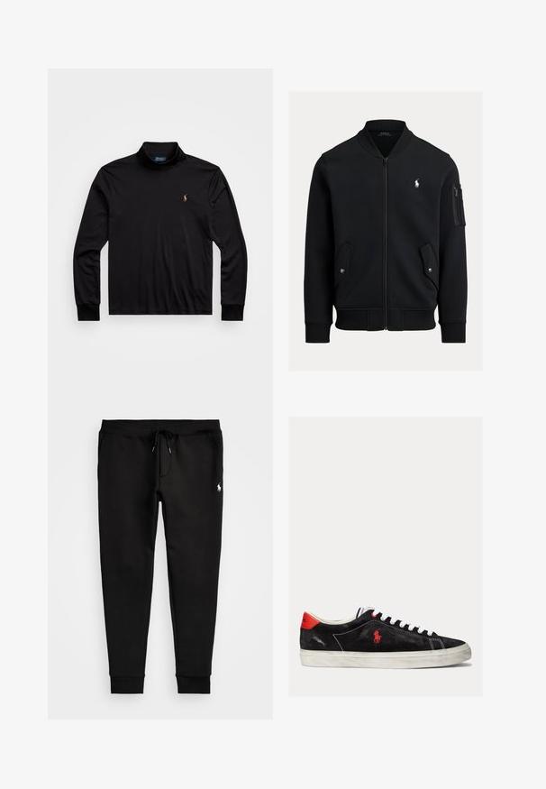 Mustast lukuga bomberjakk soonikkoelise krae, mansettide ja äärega, kaks eesmist trukiga taskut, lukuga varrukatasku ja väike valge Polo Ralph Lauren logo.; Must have pikkade varrukatega must polo särk, millel on kõrgem krae. Valmistatud siledast kangast, vasakul rinnal on väike tikitud logo.; Mustad mustad tõmmud püksid pehmest kangast, millel on nöörvöö, sobivad varrukad ja väike valge logo vasakul jalal.; Mustmustest mustad valged paelad, punased aktsendid kanna juures ja väike punane logo. Omab lame kummitalda ja lihtsat õmblust.