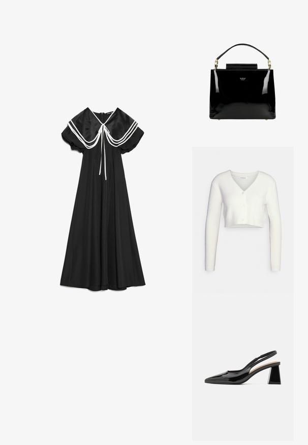 Hvid cropped cardigan lavet af tekstureret stof; har V-hals og tre knapper foran, med lange ærmer og en tætsiddende silhuet.; Sort maxikjole med pufærmer, sejlerskravekant i hvid og bindedetalje foran, lynlåsbaglukning.; Sorte patent slingback hæle med spids tå, der har en unik geometrisk blokhæl og en glat tekstur. Justerbar rem for støtte.; Sorte patentlæder håndtaske med et struktureret design, der har et top håndtag, guld hardware detaljer og en lille frontklap.