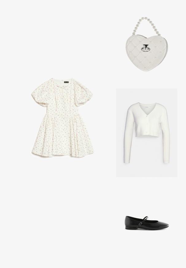 Witte cropped cardigan van textiel met structuur; heeft een V-hals en drie knopen aan de voorkant, met lange mouwen en een getailleerd silhouet.; Witte jurk met korte mouwen en pofmouwen, met een kleine roze bloemenprint, een geplooide taille en een ronde halslijn met een klein strikje.; Zwarte leren balletschoenen met een puntige neus, platte zool en een enkele enkelband met een rechthoekige gesp. Glad oppervlak overal.; Witte, gewatteerde handtas in hartvorm met parelhandgreep en zilveren sluiting met twee oogvormige details.
