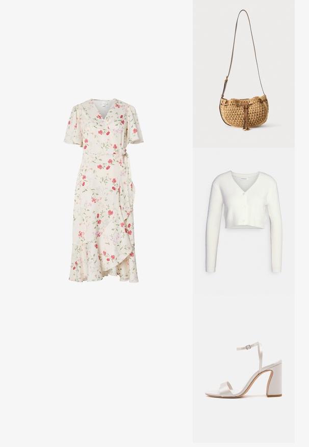 Hvit kortermet cardigan laget av teksturert stoff; har V-hals og tre knapper foran, med lange ermer og en tettsittende silhuett.; Kremfarget omslagskjole med rosa og rødt blomsterprint, korte flagrende ermer, V-hals og rysjekant nederst.; Hvite høye sandaler med satinfinish, åpen tå og tynn ankelstropp. Har blokkhelt og doble frontbånd for støtte.; Liten beige vevd skulderveske med justerbar brun lærreim og frontdetalj med lærknute som henger mot hvit bakgrunn.