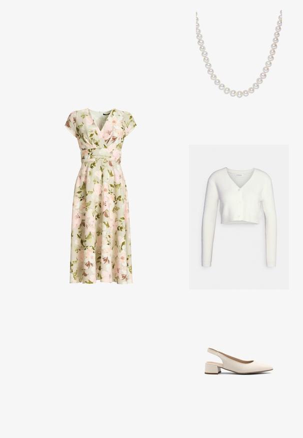 Hvid cropped cardigan lavet af tekstureret stof; har V-hals og tre knapper foran, med lange ærmer og en tætsiddende silhuet.; Grøn blomsterprint slå-om kjole med kapærmer, tætsiddende talje og A-formet midi nederdel med rosa og hvide blomster og grønne blade.; Beige slingback hæle med spids tå, lav blokhæl og glat lædertekstur. Har udsparinger på siderne for åndbarhed.; En sträng af runde, hvide perler med en glat overflade, jævnt fordelt, der viser en subtil glans og blød skær mod en hvid baggrund.