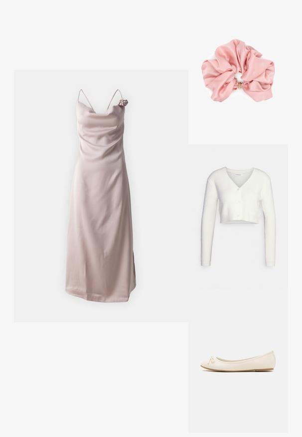 Cardigan court blanc en tissu texturé ; il présente un col en V et trois boutons sur le devant, avec des manches longues et une silhouette ajustée.; Robe fluide en satin de couleur rose pâle avec des fines bretelles et un décolleté drapé, ornée d'une accent en forme de rose sur l'épaule gauche.; Ballet flats de couleur crème avec un bout arrondi, un petit nœud sur le devant et une semelle beige texturée. Matériau synthétique lisse.; Grand chouchou en satin rose avec une texture lisse et brillante, et un petit anneau en or au centre élastique.
