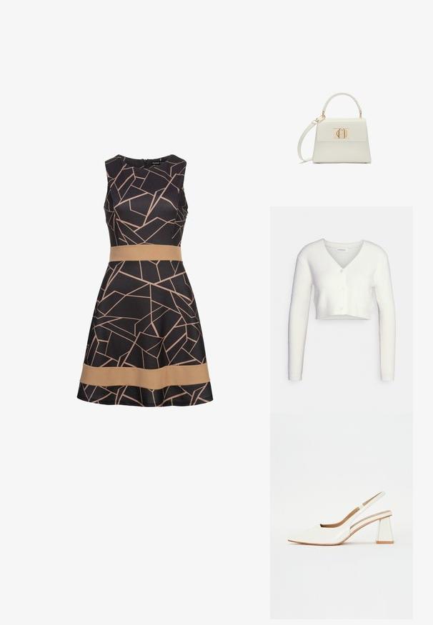 Witte cropped cardigan van textiel met structuur; heeft een V-hals en drie knopen aan de voorkant, met lange mouwen en een getailleerd silhouet.; Zwarte jurk met een geometrisch beige patroon, mouwloos ontwerp en een beige taillebandaccent, met een uitlopende rok.; Witte patenten leren slingback schoen met een spitse neus en een geometrische blokhak. Het interieur heeft een tan kleurige inlegzool en minimale zijsnedes.; Kleine witte handtas met bovenhandvat, afneembare schouderriem en gouden rechthoekige sluiting op de voorflap.